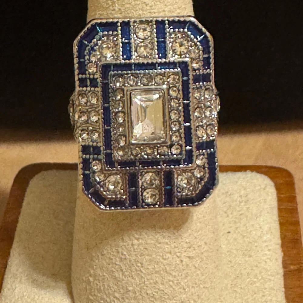 Silver tone art deco style blue enamel  & clear rhinestone ring